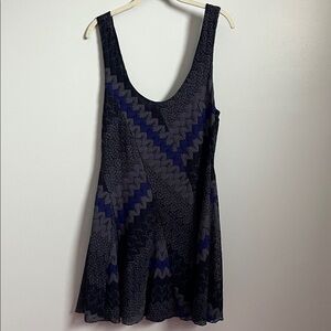 Free people blue indigo grey black patterned boho leaf chevron mini tank dress